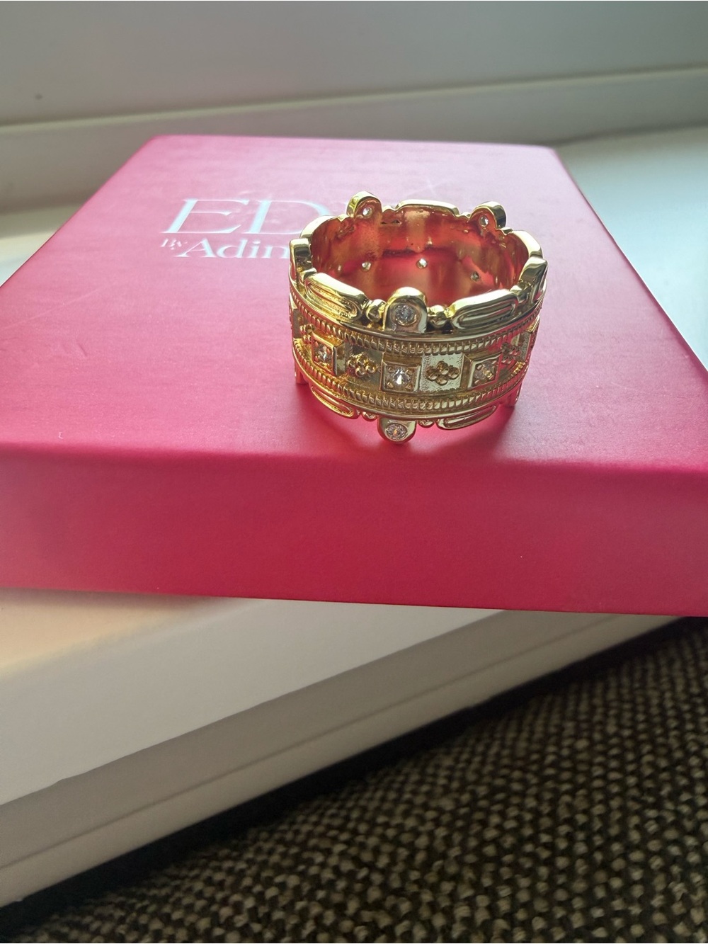 NEW Adina Eden CZ Gold Statement Band Crystal Embellished Wide Chunky Ring 8